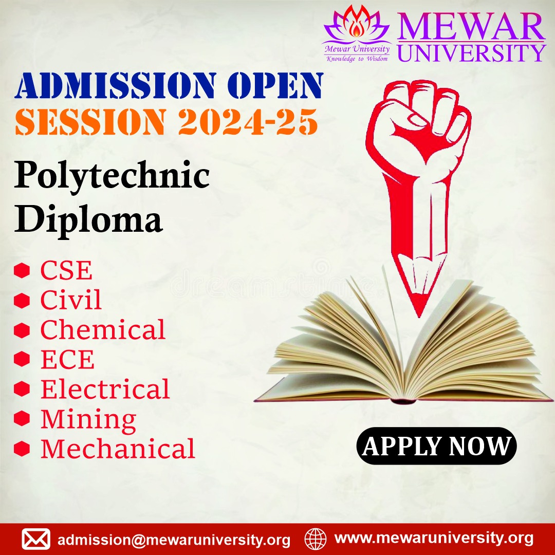 #AdmissionOpen in #PolytechnicDiploma for Session 2024-25 at #MewarUniversity Chittorgarh (Rajasthan). 

🌐 mewaruniversity.org

#BestEngineeringCollege #CUETPG2024 #CUET2024 #Scholarship #TopUniversityInRajasthan #BTech #KnowledgeToWisdom #BestEngineeringCollege #Engineering