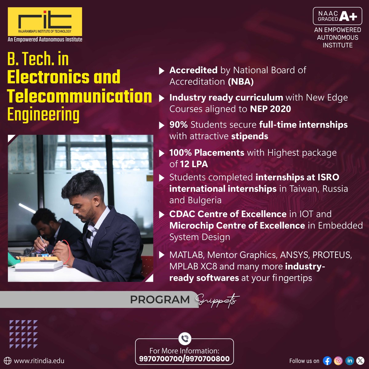 Shape the future of connectivity with our Electronics and Telecommunication Engineering program! Apply now to join a dynamic field driving innovation and technological advancement.
Website: ritindia.edu

🌐📡 #EngineeringAdmissions #ETCE #FutureEngineers