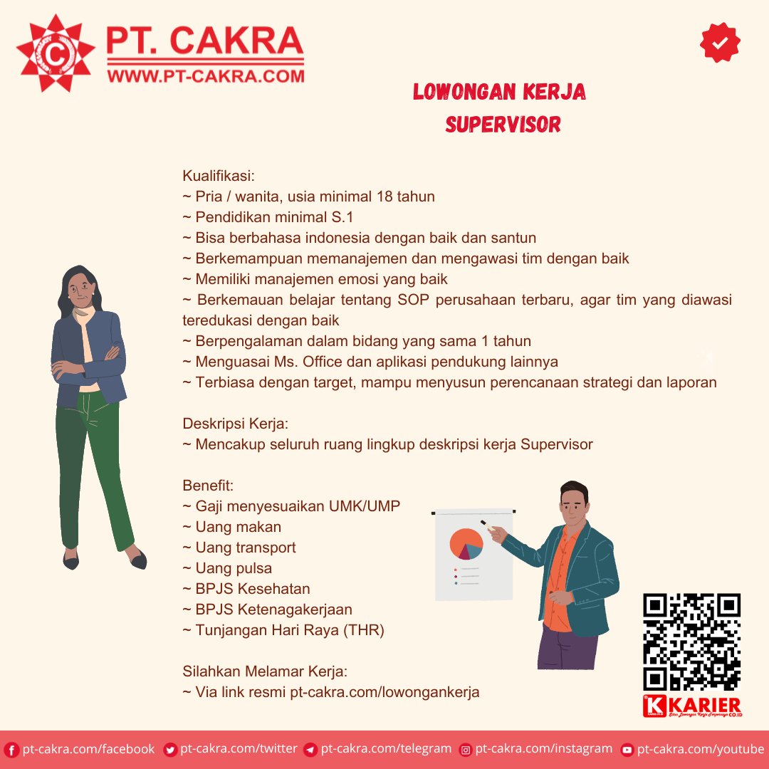 Lowongan Kerja Sebagai Supervisor

Kualifikasi:
~ Berkemampuan memanajemen dan mengawasi tim dengan baik
~ Berkemauan belajar tentang SOP perusahaan terbaru
~ Terbiasa dengan target, mampu menyusun perencanaan strategi dan laporan

Apply:
~ Via link resmi pt-cakra.com/lowongankerja