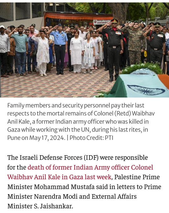 Last rites of Col WA Kale (Retd), Indian Army, killed in Palestine serving on peacekeeping duties with the United Nations. May the gallant soldier rest in peace.