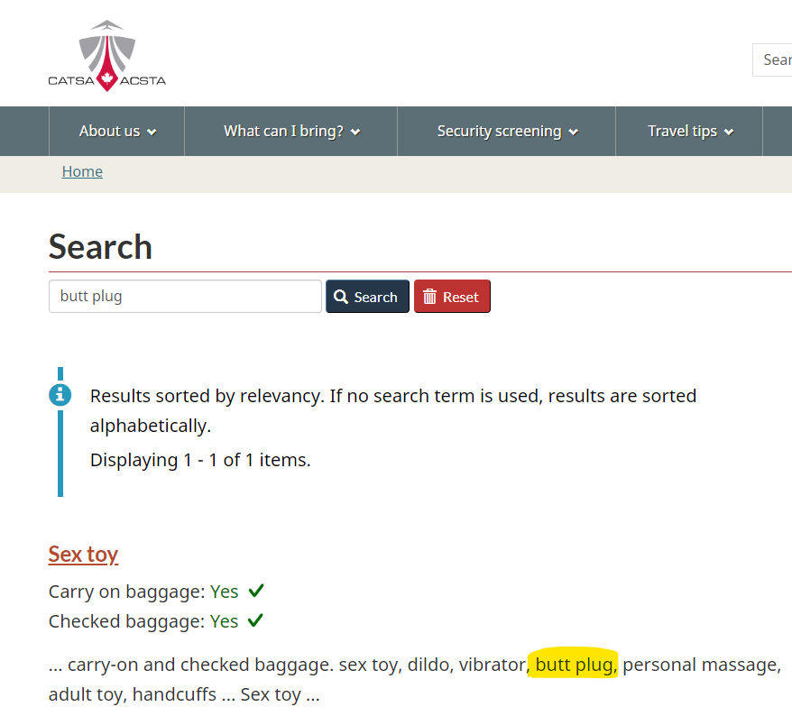 Thank you Canadian Air Transport Security Authority for clearing that up! A helpful webpage indeed. Looks like the Butt Plug will be "carried" on.