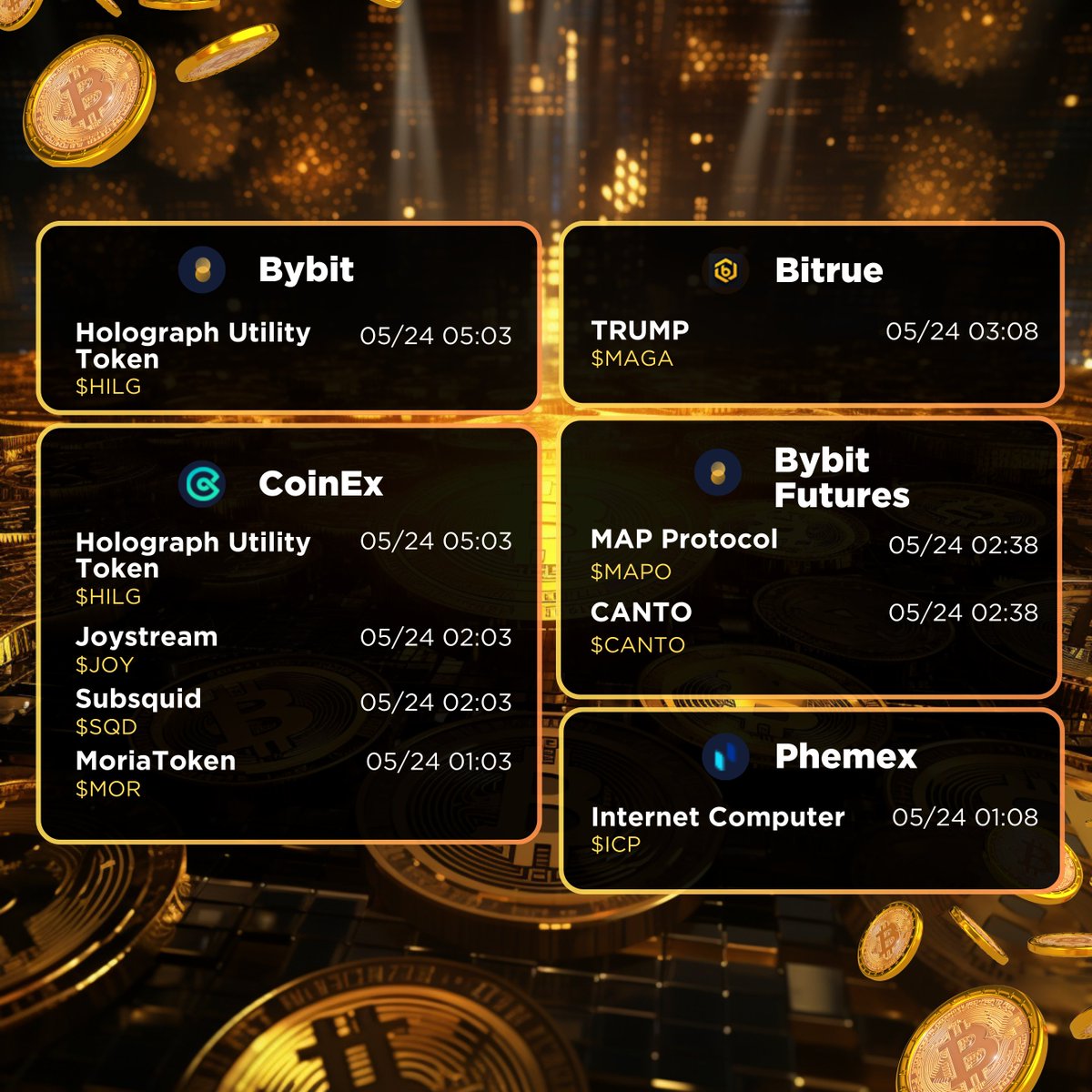 ☑️ P2B
- iQuant / $IQT

☑️ BitMart
- Liquid Layer / $LILA
- IVEX Financial / $IVEX
- FURY / $FURY

☑️ MEXC
- ReSource Protocol / $SOURCE
- Invest Club Global / $ICG
- FLOKI AI / $FLOKIAI
- MusicCoin / $MUC
- HealthyLife / $HELI

☑️ Biconomy Exchange
- ReSource Protocol / $SOURCE