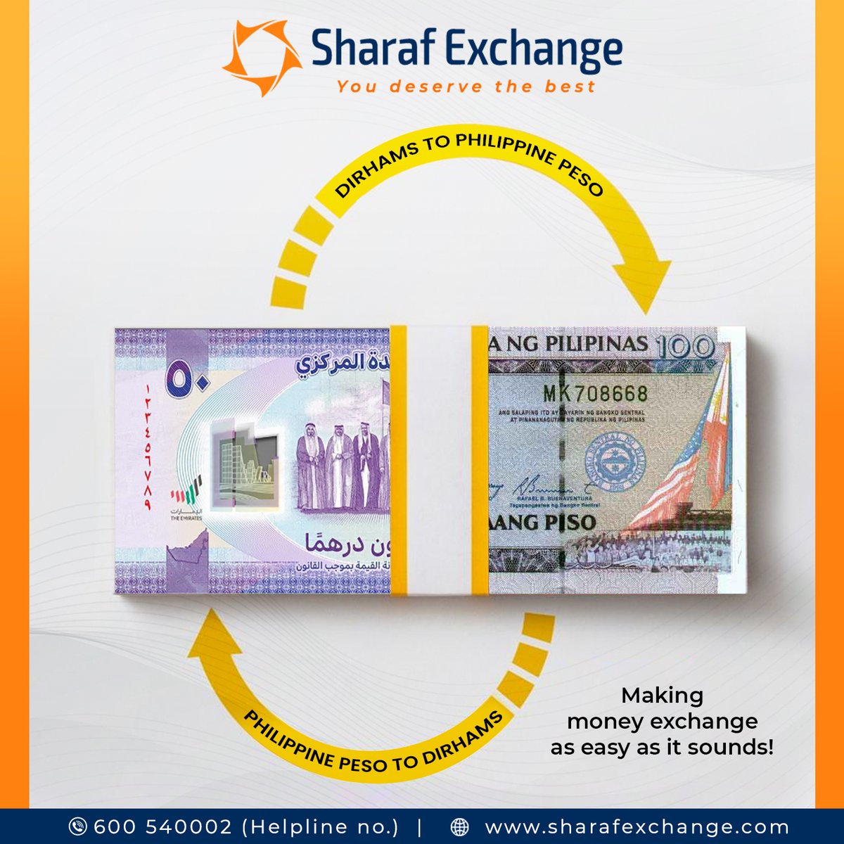 Sharaf Exchange - making currency conversion as simple as it sounds. 

📞 Customer Care: 600-540002
🌐 VISIT HERE: sharafexchange.com
.
.
.
#CurrencyExchange #DirhamsToPeso #PhilippinePeso #EasyConversion #SharafExchange #Forex #TravelMoney #ExchangeRates #MoneyTransfer