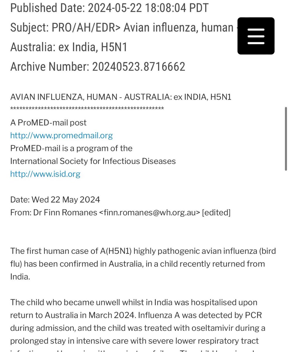 BIRD FLU MYSTERY—The new Australian child case with H5N1 virus has a weird background—as in zero exposures to high risk animals: 📌Child had no interaction with birds, animals or sick humans either in India 🇮🇳 or Australia 🇦🇺 📌Child had no geographic or human links to any