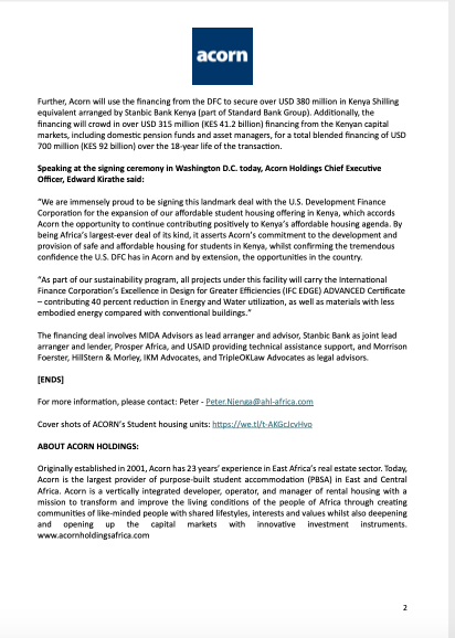 On the sidelines of President Ruto's visit to Washington, student accommodation focused developer, Acorn Holdings Ltd (@ahl_africa) has signed a US$180.0M (Sh23.7 bln) financing deal with U.S. Development Finance Corporation. I caught up with the CEO, Edward Kirathe, for a chat