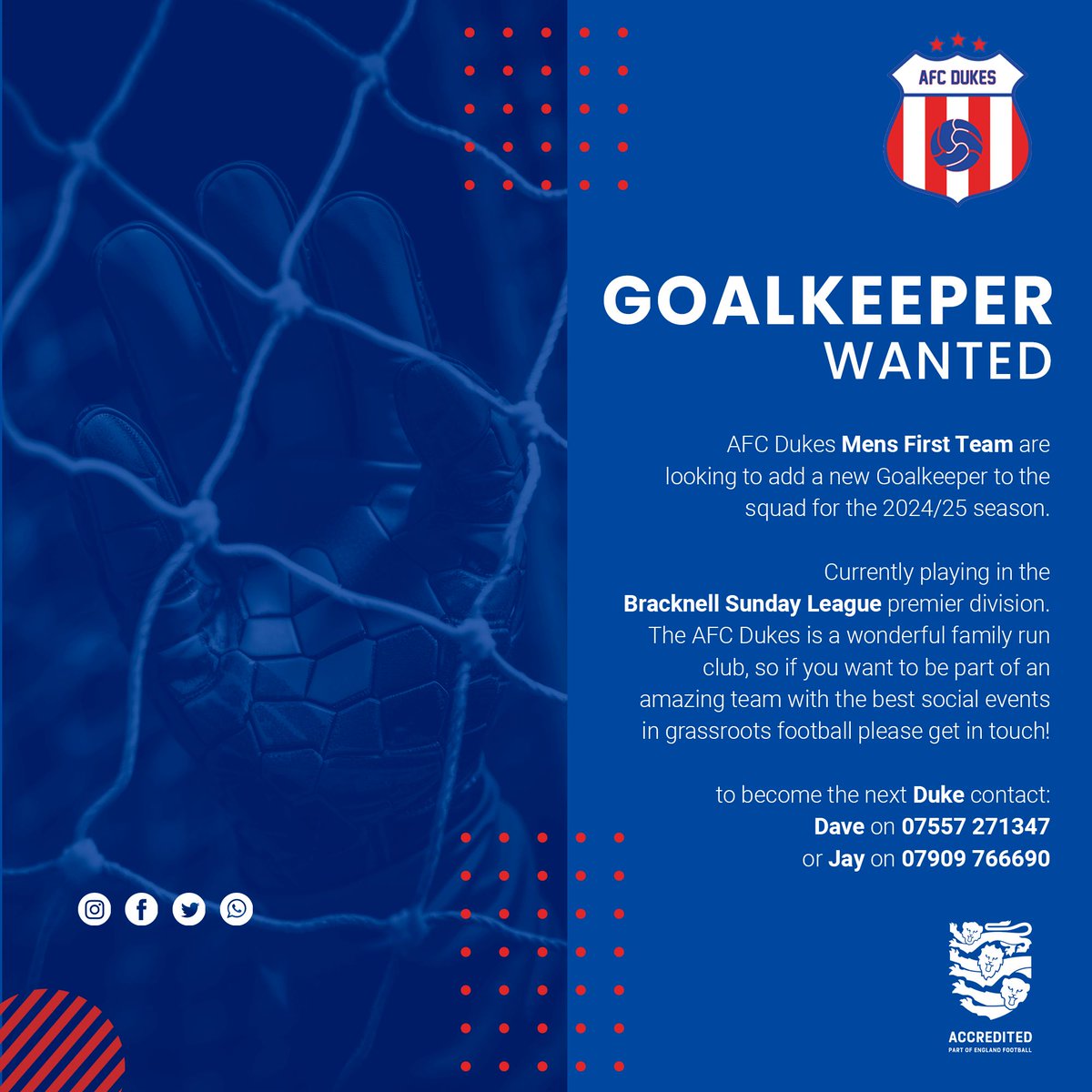 Our firsts are looking for a new keeper for next season with immediate effect. Training on Thursday nights, followed by a few beers is a must. Some ability would be nice but if you're a good lad, that'll do. Text the boys! <a href="/bracknellsunday/">Bracknell Sunday League</a> <a href="/fiberkshire/">Football in Berkshire</a> #SundayLeague #Bracknell