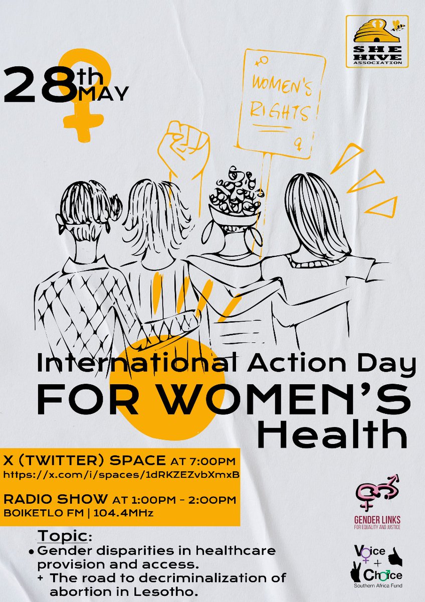 To commemorate #InternationalActionDayforWomensHealthRights let's dialogue around "Gender disparities in Healthcare provision and access" x.com/i/spaces/1dRKZ… 
<a href="/GenderLinks/">Gender Links</a> <a href="/VCSAFund/">VoiceChoiceSAFund</a> <a href="/GLLesotho/">GenderLinks</a>
#UnmutingandAmplifyingEchoesAGYW 
#DecriminalizationofSafeAbortion