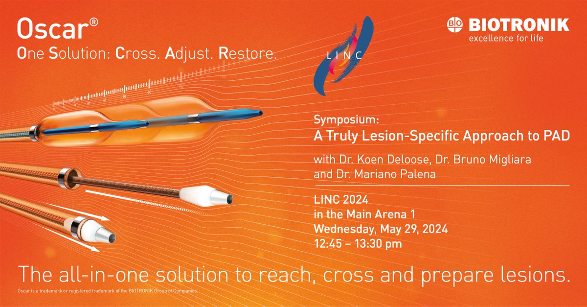 BIOTRONIK_News's tweet photo. Add to your calendar today for LINC 2024:
Symposium on ‘A Truly Lesion-Specific Approach to PAD’!
👉 Wednesday, May 29, 12:45 – 13:30 pm
in the Main Arena 1
See the full outline here: https://t.co/Focyd36p2L
#LINC #VI #OscarMulti #PAD #CLIfighters https://t.co/zK3ebvGm8M