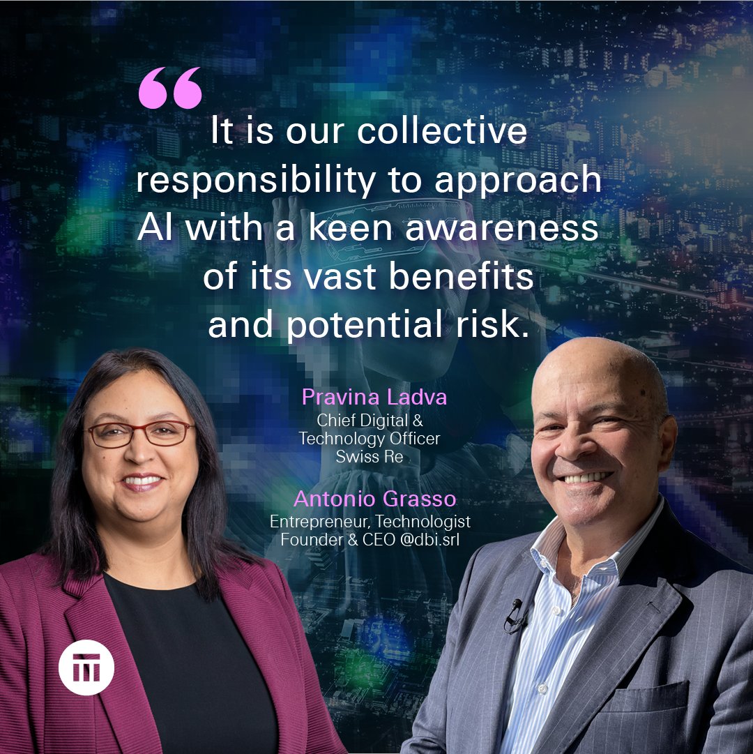 How can we balance AI's transformative potential, aiding society in mitigating risks, while managing its understated transformation of industry risk landscapes? Discover the perspectives of Swiss Re's Pravina Ladva and entrepreneur @Antgrasso: ow.ly/hsz450RSOL1.