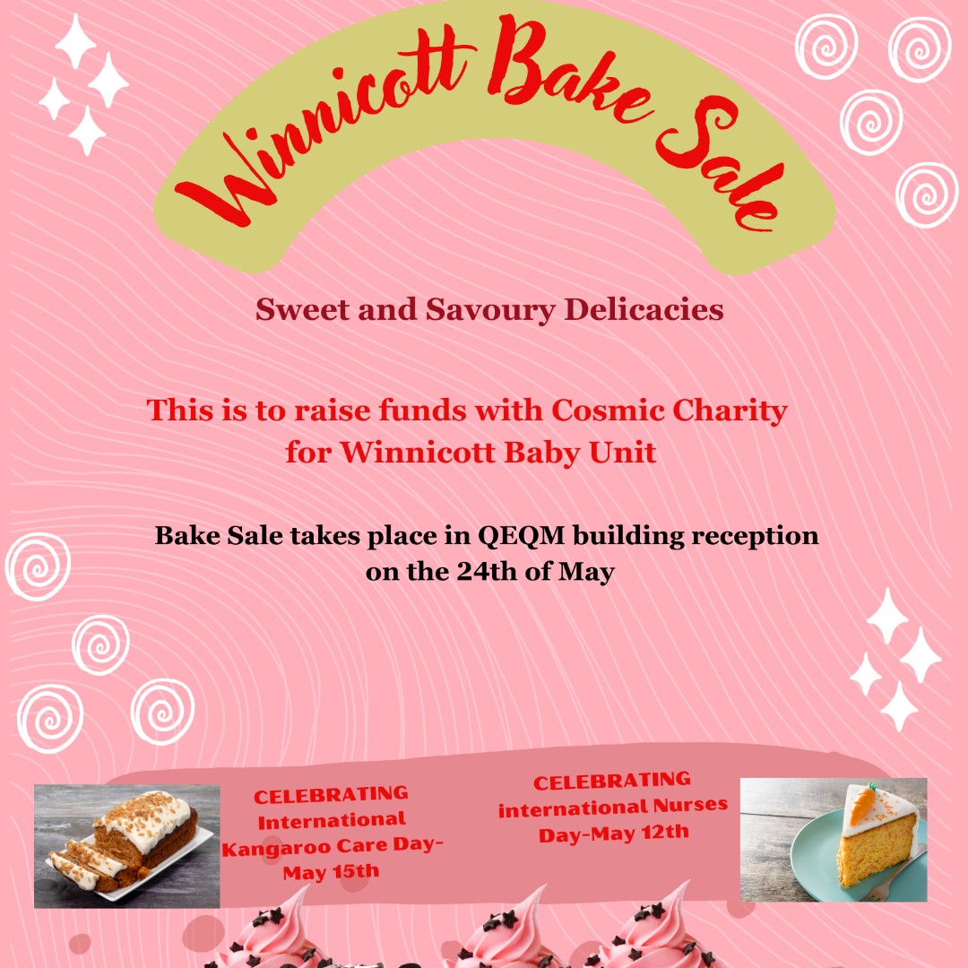 Did somebody say cake? 🧁 Winnicott Baby Unit and @cosmiccharity are hosting a cake and savoury sale today at the QEQM reception of St Mary's Hospital from 10.00 to 14.00. Come along and show your support!