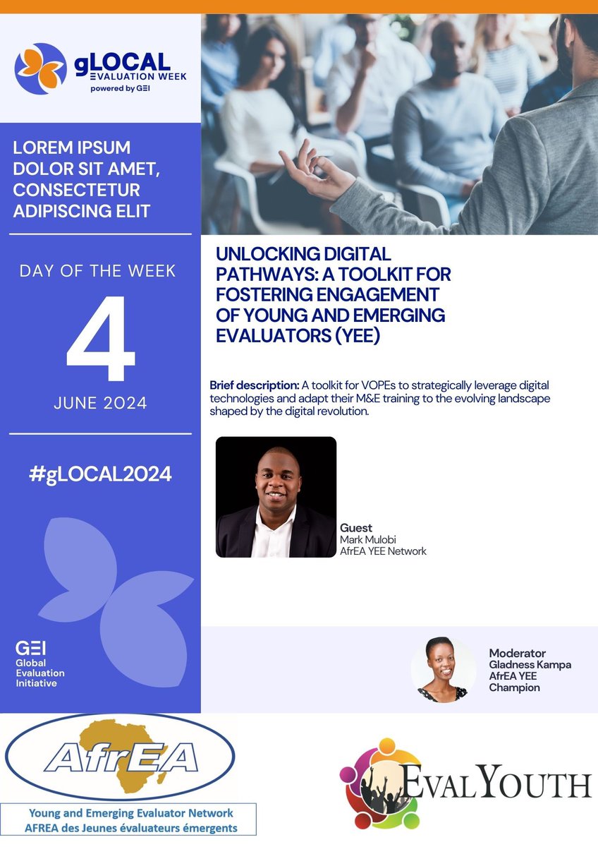 AfrEA YEE Network (@afrea_yee) on Twitter photo 📢Join us on 4the June for "Unlocking Digital Pathways" - a toolkit for young & emerging evaluators to leverage digital tech in M&E. <a href="/mulobi_/">Mark Mulobi_🇰🇪🌍</a> <a href="/AfrEA_YEE/">AfrEA YEE Network</a> & moderated by <a href="/gladness_kampa/">Gladness Kampa</a> . ✍️Register now: bit.ly/3VdJSxS #EvalYouthToolkit #YEE #gLOCAL2024 <a href="/WorldBank_IEG/">IEG - WB Group</a> 📢Join us on 4the June for "Unlocking Digital Pathways" - a toolkit for young & emerging evaluators to leverage digital tech in M&E. <a href="/mulobi_/">Mark Mulobi_🇰🇪🌍</a> <a href="/AfrEA_YEE/">AfrEA YEE Network</a> & moderated by <a href="/gladness_kampa/">Gladness Kampa</a> . ✍️Register now: bit.ly/3VdJSxS #EvalYouthToolkit #YEE #gLOCAL2024 <a href="/WorldBank_IEG/">IEG - WB Group</a>