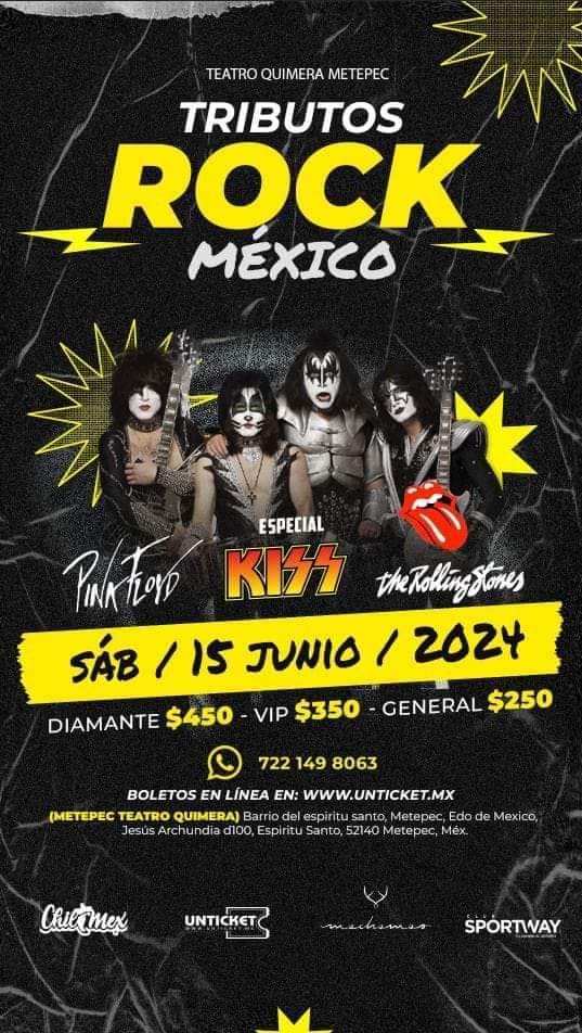 soymusicaycult's tweet photo. 𝐂𝐨𝐧𝐜𝐢𝐞𝐫𝐭𝐨 𝐓𝐫𝐢𝐛𝐮𝐭𝐨 𝐝𝐞 𝐑𝐨𝐜𝐤 especial #Kiss #PinkFloyd #TheRollingStone el sábado 15 de junio en el @teatroquimerametepec.
Adquiere tus boletos en #unticket https://t.co/vvZEMN24n6