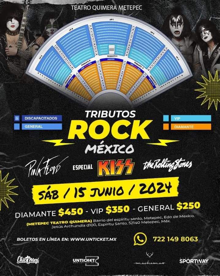 soymusicaycult's tweet photo. 𝐂𝐨𝐧𝐜𝐢𝐞𝐫𝐭𝐨 𝐓𝐫𝐢𝐛𝐮𝐭𝐨 𝐝𝐞 𝐑𝐨𝐜𝐤 especial #Kiss #PinkFloyd #TheRollingStone el sábado 15 de junio en el @teatroquimerametepec.
Adquiere tus boletos en #unticket https://t.co/vvZEMN24n6