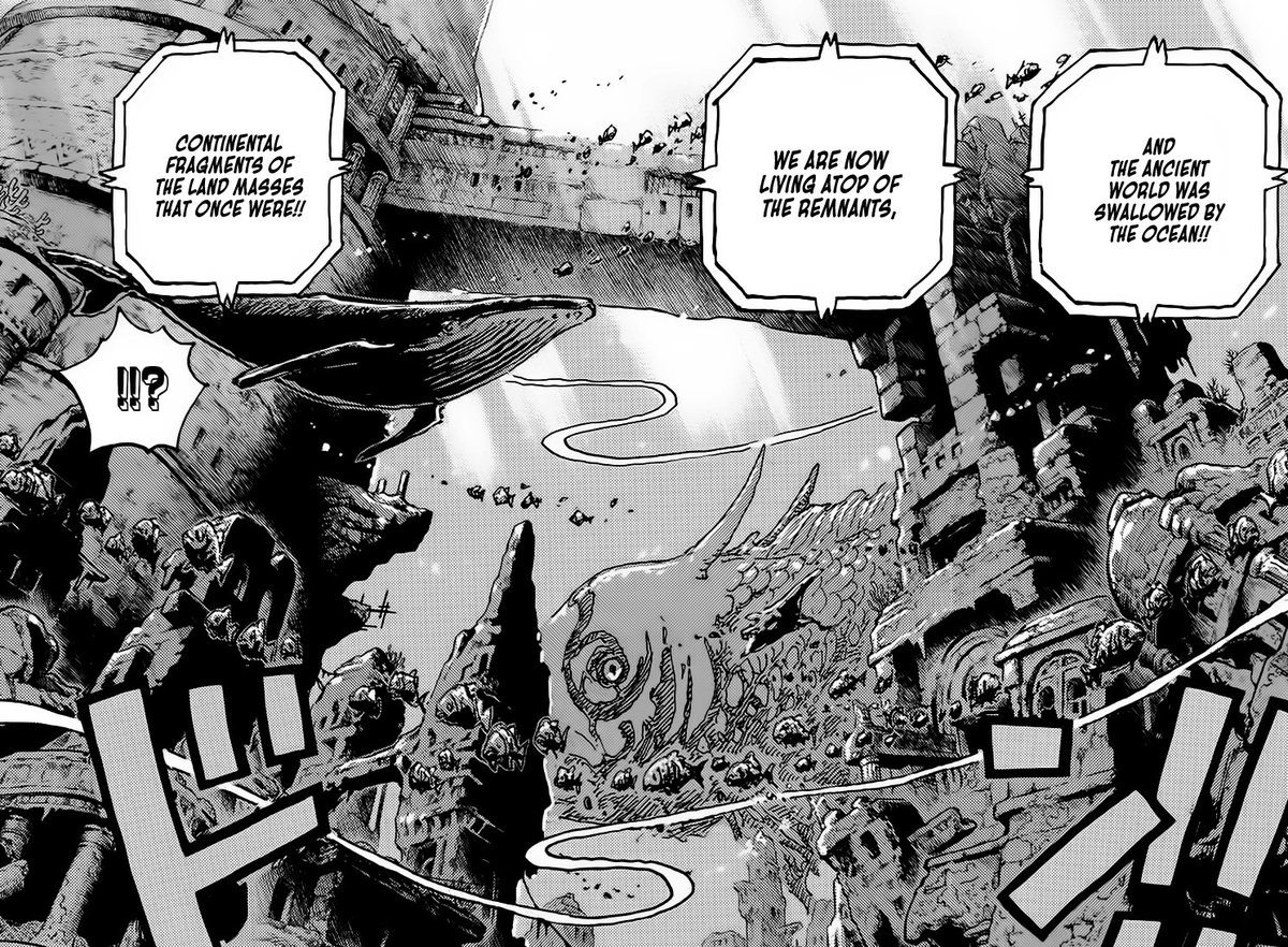 Enfant la mini aventure de Jinbei, Oda avec foreshadow l’existence d’anciennes villes enfouies sous les mers.