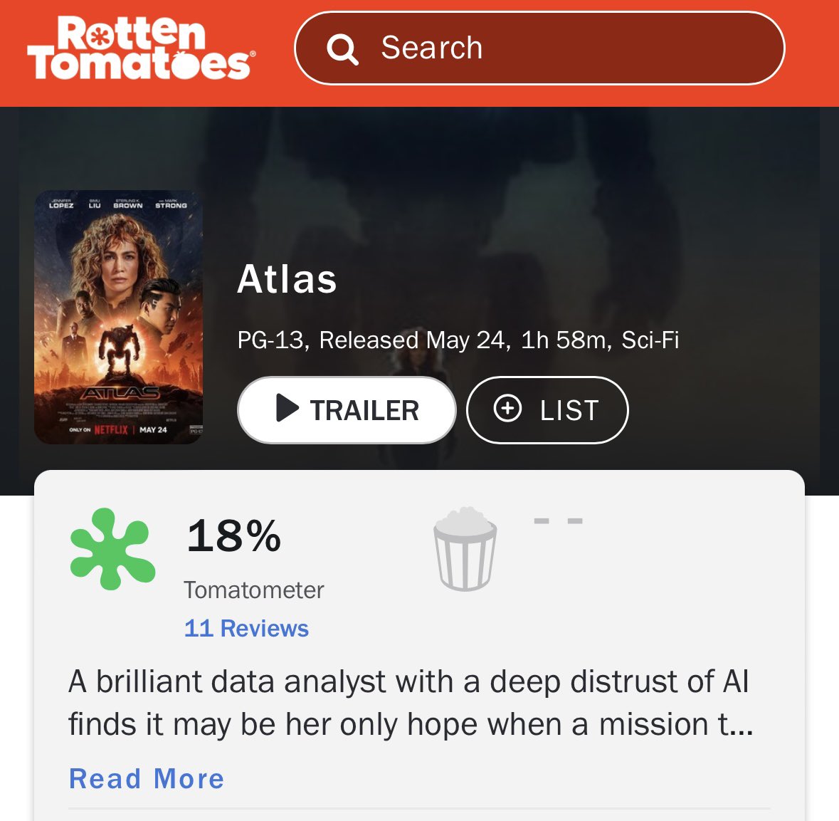 Jennifer Lopez’s new film ‘Atlas’ debuts with 18% on Rotten Tomatoes.