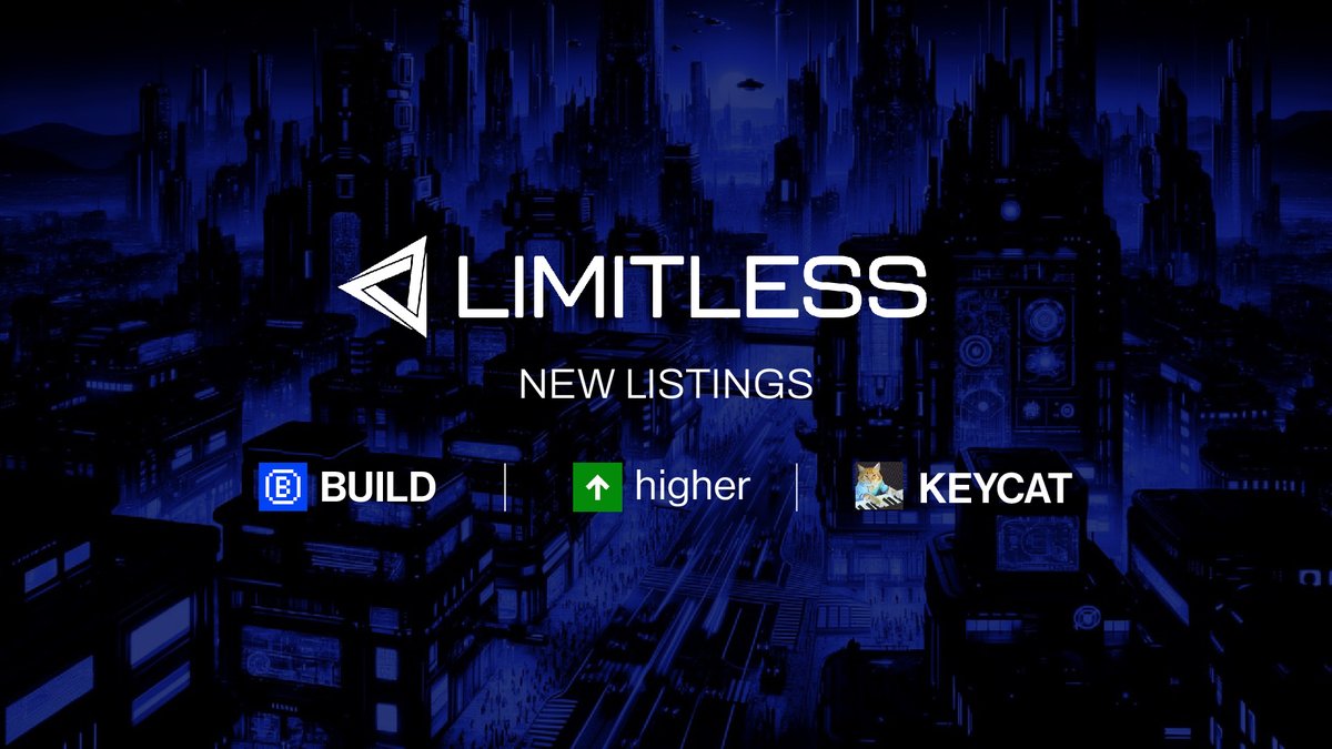 limitlessdefi's tweet photo. GMGM. As the only place to long 1 week old coins with leverage without liquidations, Limitless have listed the following pairs. 

You can now leverage long or short 

$BUILD - $WETH 
$HIGHER - $WETH from @higheronchain 
$KEYCAT - $WETH from @KeyboardCatBase 

Quick update: 2100+ boxes have been looted with 44% $NZT unlocked, with more boxes dropped to new users everyday. Check your eligibility here https://t.co/BCedLbASRN