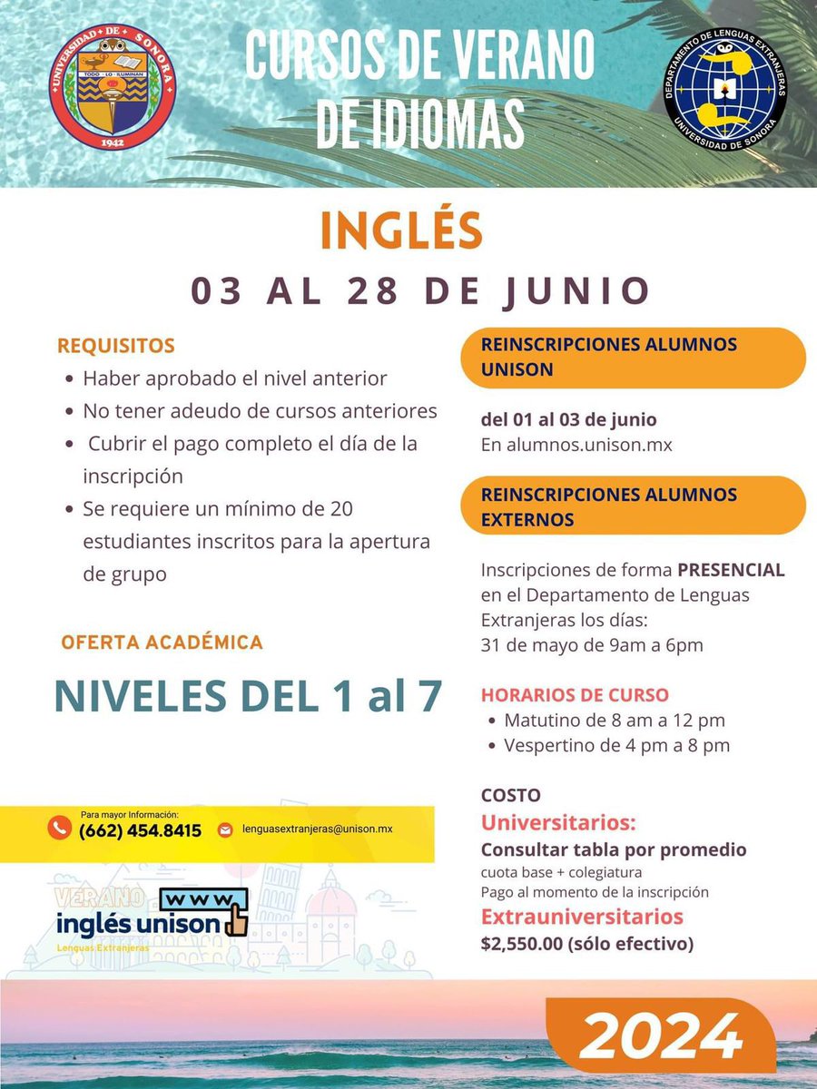 SoyUnison's tweet photo. El Departamento de Lenguas Extranjeras abrirá Cursos de Verano, checa la información.
Si tienes alguna duda, escribe a lenguasextranjeras@unison.mx o llama al (662) 454.8415.
https://t.co/kS2XxELqyg https://t.co/m3DHxyZMIc