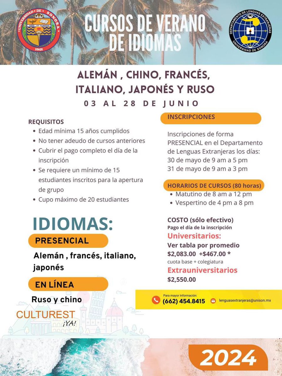 SoyUnison's tweet photo. El Departamento de Lenguas Extranjeras abrirá Cursos de Verano, checa la información.
Si tienes alguna duda, escribe a lenguasextranjeras@unison.mx o llama al (662) 454.8415.
https://t.co/kS2XxELqyg https://t.co/m3DHxyZMIc