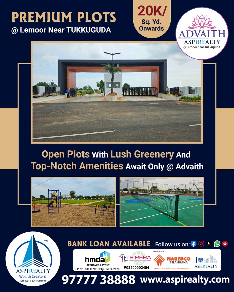 aspirealty's tweet photo. Open Plots With Lush Greenery and Top-Notch Amenities Await Only @ Advaith
https://t.co/5QIF6ScnpK
For more
https://t.co/WGdwlR6CPl, info@aspirealty.com
.
#Aspirealty #WealthCreators #HMDA #Advaith #HmdaOpenPlots #PharmaCity #Lemoor #PlotsInSrisailamHighway #Tukkuguda https://t.co/d2ajbpCNx3