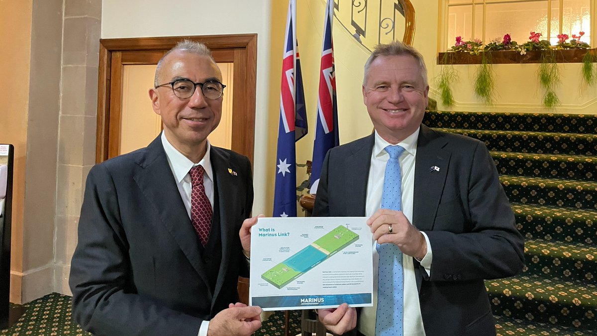 JPEmbassyAU's tweet photo. "I congratulated Tas Premier @jeremyrockliff on the  significant progress of the Marinus Link project between Tas &amp; Vic⚡️contributing to #netzero. Its advanced HVDC tech will be supplied by @hitachienergy. Another step in 🇯🇵🇦🇺 future energy cooperation🤝" -Amb Suzuki https://t.co/fW7VAvXCo4