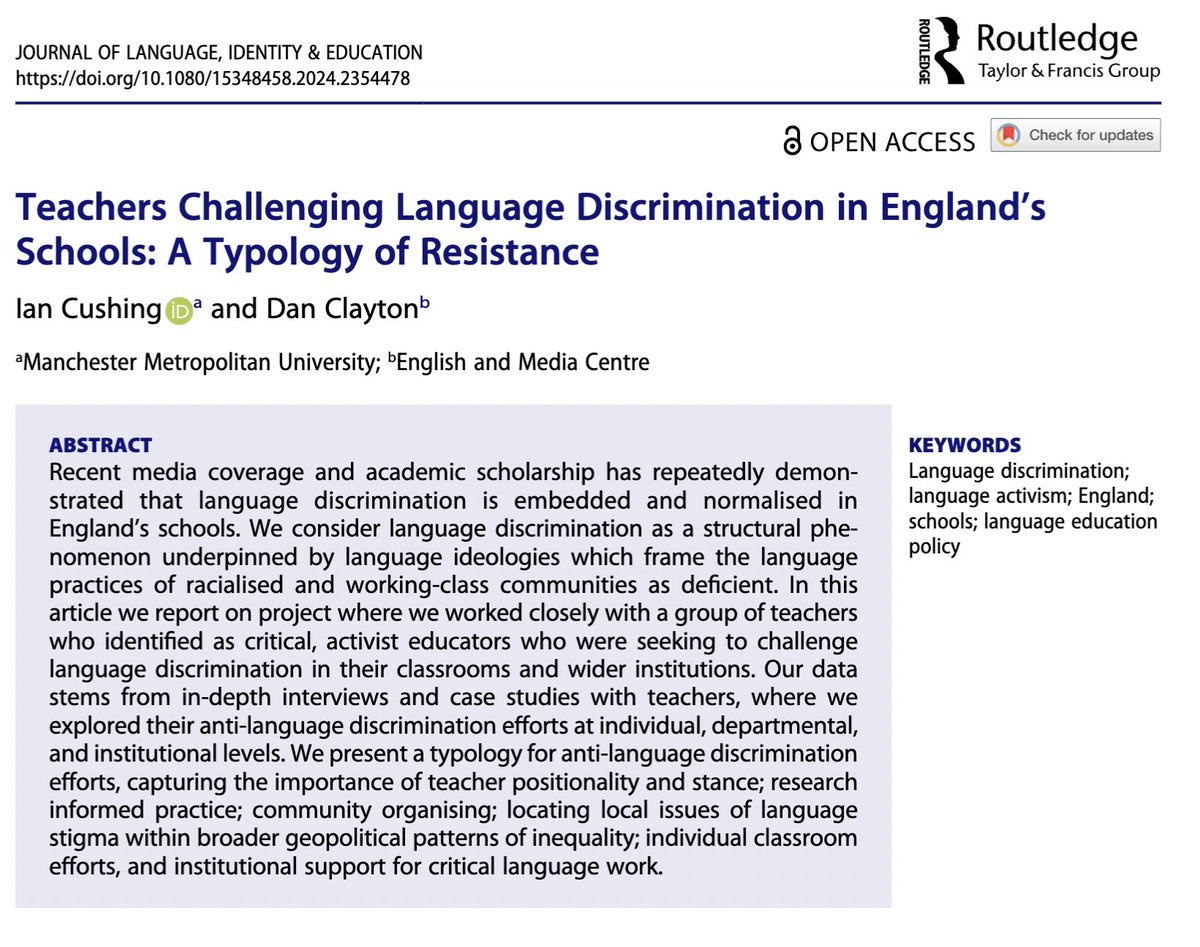 ian_cushing's tweet photo. just published open access: new work by me and @EngLangBlog, funded by @__BAAL, which explores teachers in England challenging language discrimination in schools. https://t.co/J2PO2E9bjS we present a 7-part typology based on teachers' activist efforts, summarised below 👇 https://t.co/8DcbFJRueV