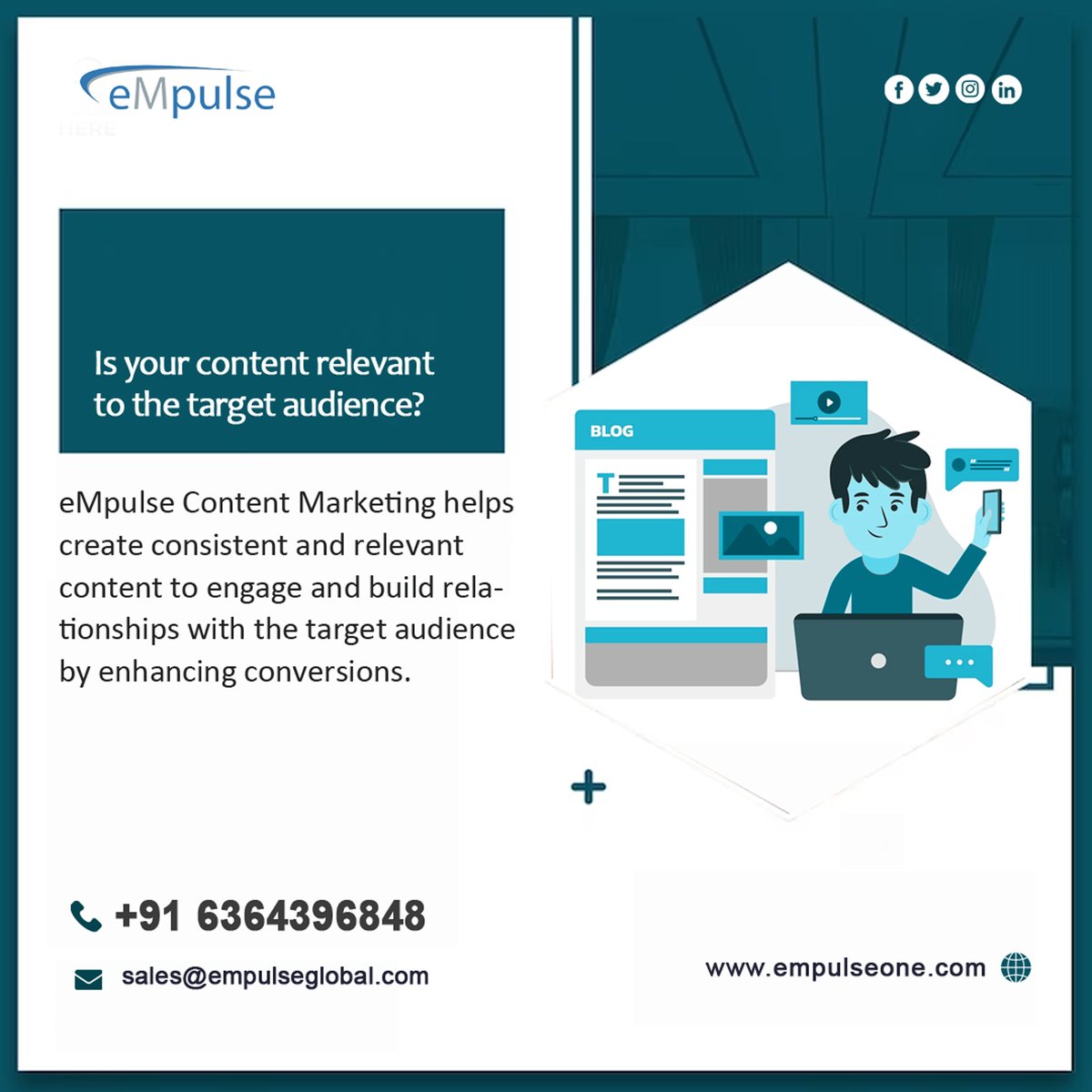 EmpulseM's tweet photo. Is your content relevant to target audience?
eMpulse Content Marketing helps create consistent &amp; relevant content to engage &amp; build relationships with target audience to enhance conversions.

Visit: https://t.co/2AvB56T69K

#empulseglobal #digitalmarketing #contentmarketing https://t.co/M1uaToHVPt