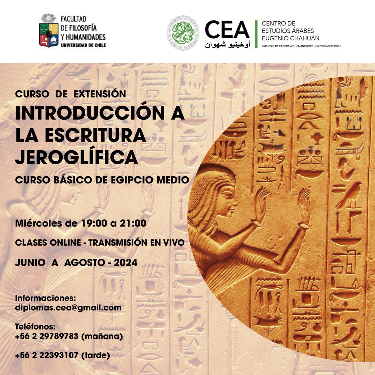 CEstudiosArabes's tweet photo. 🤓 ¡AÚN ESTÁS A TIEMPO!

✏️ Reserva tu cupo en el curso de Introducción a la Escritura Jeroglífica!

🗓 Todos los miércoles de junio a agosto de 19:00 a 21:00 h

📩Para más información escríbenos a diplomas.cea@gmail.com
CUPOS LIMITADOS

#estudiosarabes #egiptologia #jeroglificos https://t.co/sw7lR21y1C