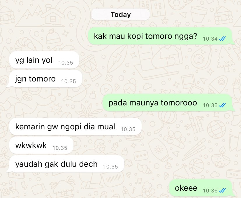 Sumpah ya allah kenapa ada orang belagu kaya gini ya? 😭
Padahal dia kemarin kemarin minum tomoro juga fine aja anjir, sekarang malah bilang mual.