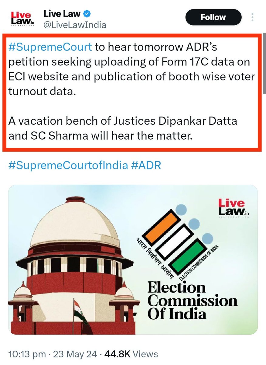 CJI Chandrachud may be on vacation but Cabinet Secretariat's shadowy men are on duty 24/7/365. Guaranteed, Garcha's Hazra Law College alumnus Justice Datta will grace I.N.D.I.A govt's oath taking ceremony post-June 4 & ECI has a vested interest in keeping records of votes secret.