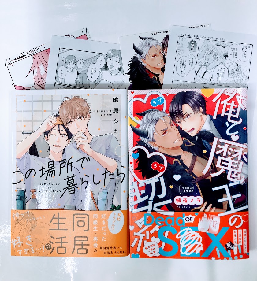 animatekyoto's tweet photo. 【書籍入荷情報】

＃鴫原シキ(@sgggsk)先生
『この場所で暮らしたら』

＃楓夜ノラ(@noraneko_fuuya)先生
『俺と魔王の♡♡(ラブラブ)契約』

が入荷したどすえ～‼️‼️
アニメイト特典で「メッセージペーパー」が付きます🎁🎉
この機会にぜひお買い求め下さい✨✨
#ｱﾆ推しBL https://t.co/s08EZjQPxr