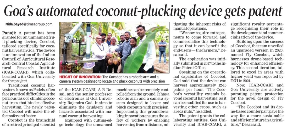 ShetSadanand's tweet photo. Congratulations to the retired principal scientist of ICAR-CCARI, Shri A R Desai, and senior professor of electronics at Goa University, Shri Rajendra Gad, for successfully getting their invention "Cocobot" patented. #Cocobot, an unmanned fruit-plucking device designed specifically for coconut harvest in Goa, is set to revolutionize coconut harvesting by eliminating the drudgery and hazards of manual labour. This remarkable achievement will greatly benefit #Goa.