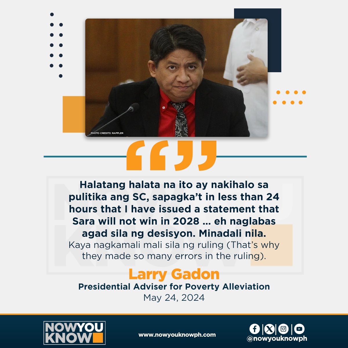 Presidential anti-poverty czar and disbarred lawyer Larry Gadon on Friday accused the Supreme Court (SC) of politicking after it found him guilty of gross misconduct. READ: tinyurl.com/5n93kntb 📰Inquirer.net