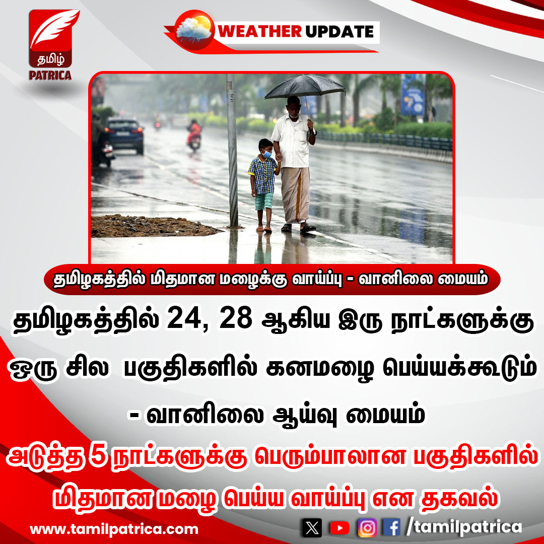 தமிழகத்தில் மிதமான மழைக்கு வாய்ப்பு - வானிலை மையம்..! #TamilPatrica #TamilNadu #TNRains #RainFall #WeatherForecast #WeatherUpdate