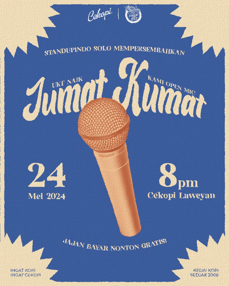 Hilangkan rasa penat dengan mampir ke Openmic Jumat Kumat! 🙌

Kembali hadir di tengah-tengah libur panjang akhir pekan, digelar mulai pukul 20.00 WIB hanya di <a href="/CeKopi/">Cekopi</a>.

Acara ini gratis, tapi kalian wajib jajan. Mau coba openmic? Boleh banget, langsung daftar lewat DM ya. 🤳