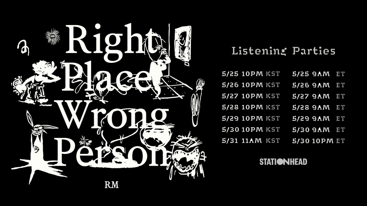 Join the RM 'Right Place, Wrong Person' Listening Party on @STATIONHEAD! 📆 Schedule May 25~30, 9am (ET) | 10pm (KST) May 30, 10pm (ET) | May 31, 11am (KST) 👉 stationhead.com/btsofficial *Stationhead log-in & Connect to Spotify or Apple Music account required.