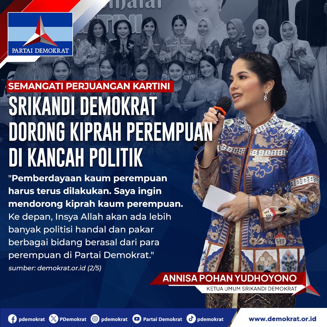 PDRIOFFICIAL's tweet photo. Semangati Perjuangan Kartini, Srikandi Demokrat Dorong Kiprah Perempuan di Kancah Politik

Annisa Pohan Yudhoyono
Ketua Umum Srikandi Demokrat https://t.co/jdyrgUOfr1