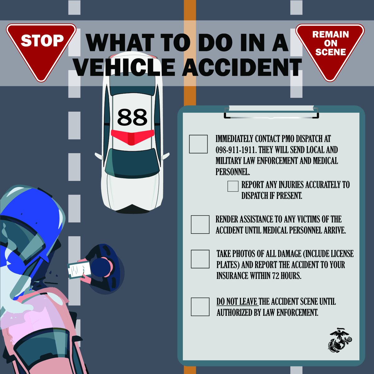 OkinawaMarines's tweet photo. Involved in a vehicle accident on Okinawa? Check out the graphic below for steps to follow!
Most Importantly, DO NOT LEAVE the scene until authorized by Law Enforcement.
#OkinawaSafety #AccidentProtocol #DriveSafe #VehicleSafety https://t.co/O63YqYEda4