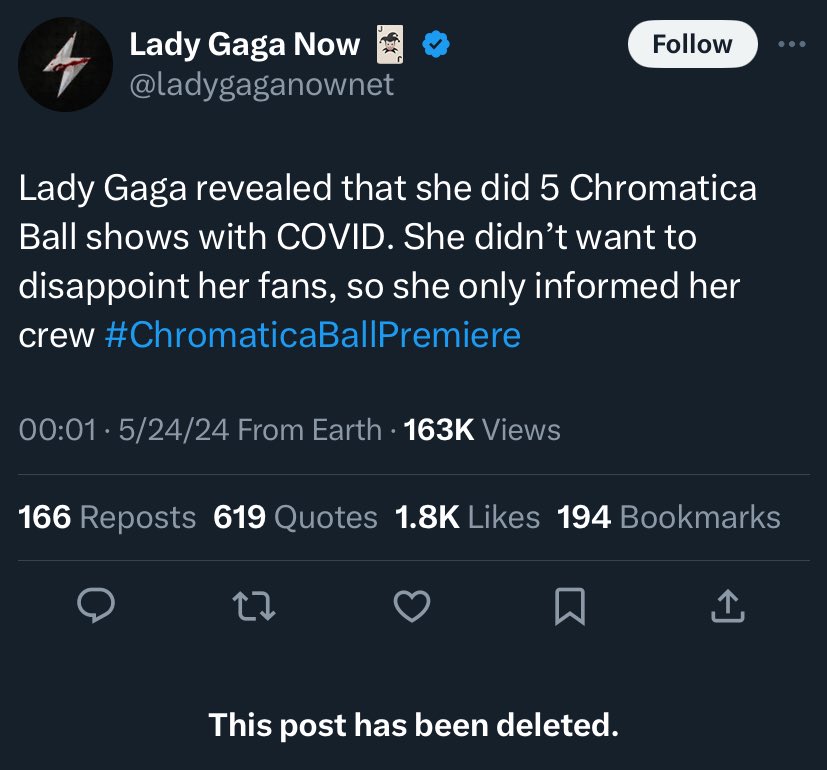 Deleted because…? Y’all don’t wanna talk about it? THE PANDEMIC NEVER ENDED. All of our favorite artists are hosting superspreaders. Y’all are attending & spreading SARS-CoV-2 everywhere you go. Y’all are disabling & killing people, and you don’t give a shit. @ladygaganownet
