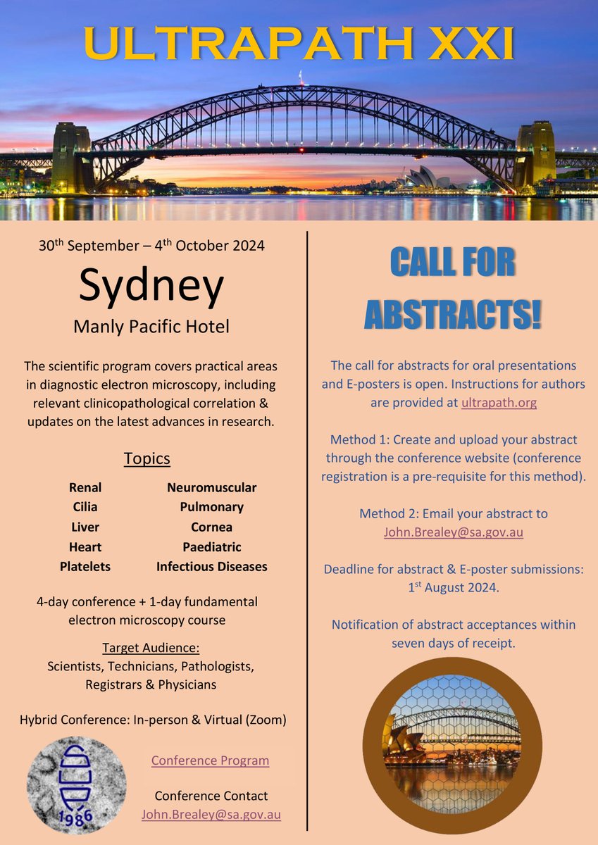 Please consider attending the UltraPath XXI electron microscopy conference in beautiful Manly Beach, Sydney, Sep 30 to Oct 4, 2024. Lots of interesting ultrastructural pathology with presentations by world leaders in the field. Plus great social events.

ultrapath.org