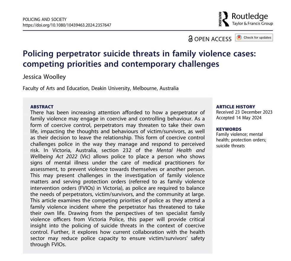 Dr Paul McGorrery (@paulmcgorrery) on Twitter photo “it is important to develop further understanding as to how suicide threats are addressed by police as they attend incidents of family violence, especially given that suicide threats may be weaponised as a form of coercive control” | <a href="/Deakin/">Deakin University</a>’s <a href="/_jwool/">Jess Woolley</a>
tandfonline.com/doi/epdf/10.10… “it is important to develop further understanding as to how suicide threats are addressed by police as they attend incidents of family violence, especially given that suicide threats may be weaponised as a form of coercive control” | <a href="/Deakin/">Deakin University</a>’s <a href="/_jwool/">Jess Woolley</a>
tandfonline.com/doi/epdf/10.10…