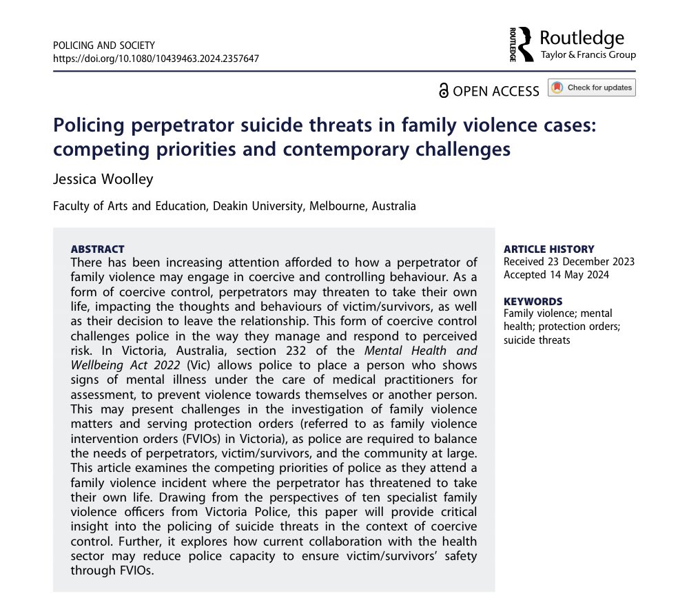 “it is important to develop further understanding as to how suicide threats are addressed by police as they attend incidents of family violence, especially given that suicide threats may be weaponised as a form of coercive control” | @Deakin’s @_jwool tandfonline.com/doi/epdf/10.10…