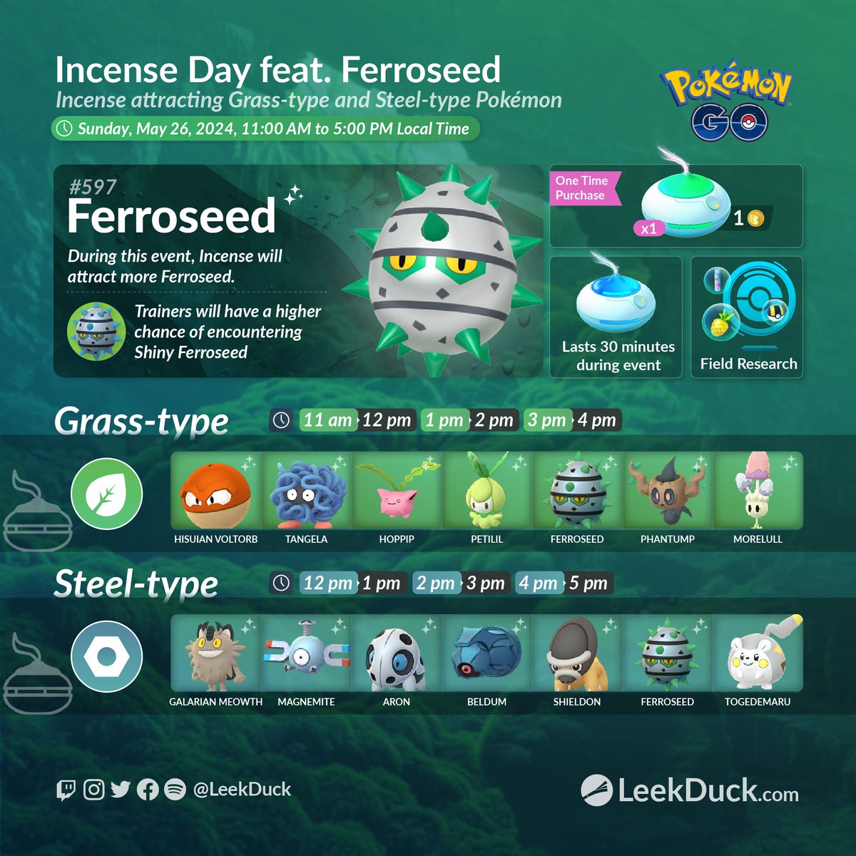 Incense Day: Ferroseed - Event Overview 

Full Details: leekduck.com/events/ferrose…