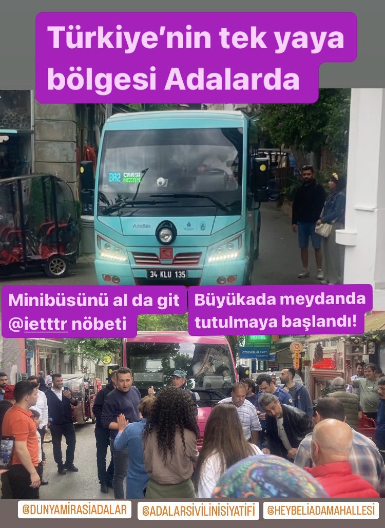 Türkiye’nin tek yaya bölgesi Adalarda azman minibüsler için “minibüslerini al da git” oturma eylemi başladı. Adalılar nöbete, duyarlı tüm İstanbullular’ı ve Adalılar’ı bekliyor #adalarhepimizin çocuklarımızın,gelecek kuşakların.Dünya Mirası “SON İSTANBUL” Adalarımızı koruyacağız