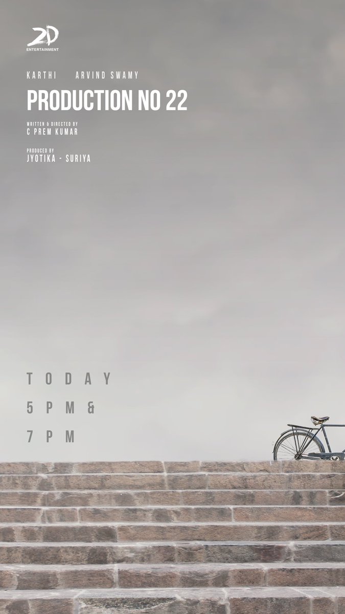 Few journeys are meant to cross paths with each other. Sometimes more than once 🛣️ Get ready to take a peek into #Karthi27🚲 Today at 5 PM and 7 PM! #Production22 @Karthi_Offl @thearvindswami #PremKumar @Suriya_offl #Jyotika @rajsekarpandian #Rajkiran @SDsridivya #Jayaprakash