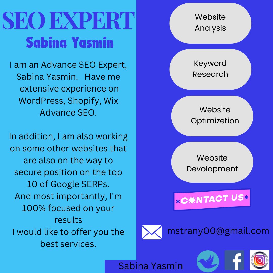 SabinaYasm61898's tweet photo. #WebDevelopment #websiteanalysis #websiteoptimization #keywordresearch #trafficincrease #seoexpert #seoservices #seoexpertinbangladesh
CONTACT NOW
mstrany00@gmail.com https://t.co/J1j8g3293V