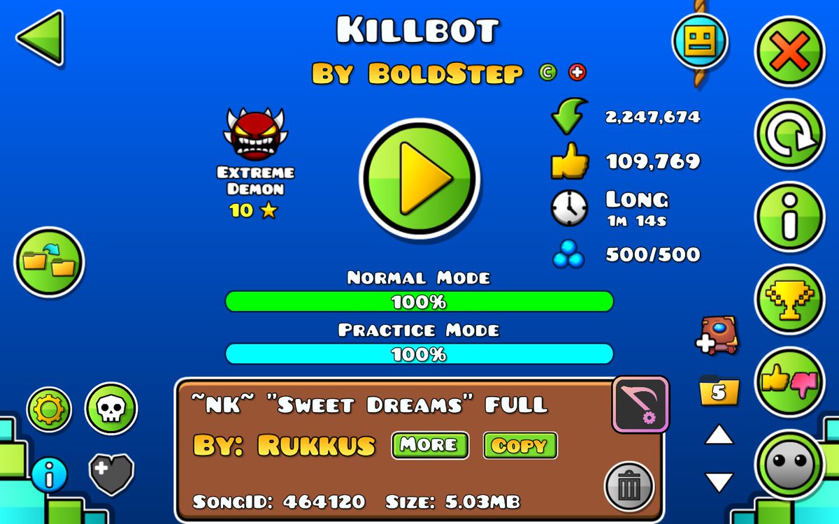 Antonex84's tweet photo. Killbot 100% Primer Extreme Demon | 67522 Intentos Jump from Mastermind

Despues de mas de 3 meses jugando el nivel, por fin puedo decir que me lo pase, con 6 ufos en un dia y un 97%. Mi experiencia comenzo bien y termino siendo muy fea, pero le doy 7.5/100 de enjoyment. 🇻🇪 https://t.co/WZlgAPysLg