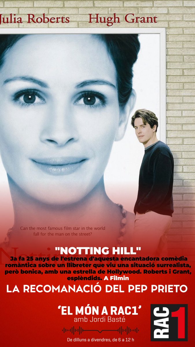 La meva recomanació a @elmonarac1: 'Notting Hill'. Ja fa 25 anys de l'estrena d'aquesta encantadora comèdia romàntica sobre un llibreter que viu una situació surrealista, però bonica, amb una estrella de Hollywood. Roberts i Grant, esplèndids. A Filminr