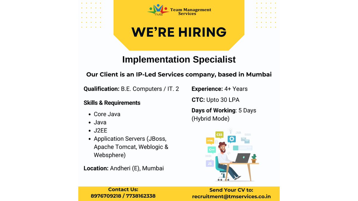 Looking for a job as an Implementation Specialist? Apply now and unlock new opportunities! 

recruitment@tmservices.co.in | 8976709218 – 7738162338  

#tms #hrmode #hr #hrservices #hroutsourcing #hrsolutions #mumbai #friday  #techcareer

[implementation specialists, IT Jobs]