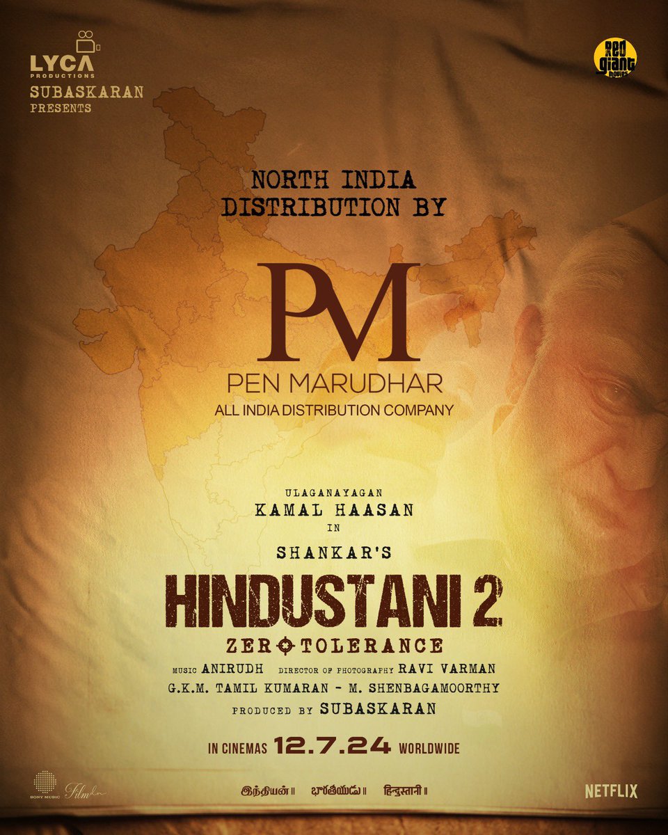 Excited to associate with @PenMovies again for HINDUSTANI-2 distribution in North India! 🇮🇳 Gear up for Senapathy's powerful comeback across the region. 🤞🏻🔥 #Hindustani2 🇮🇳 In Cinemas 📽️✨ from July 12th 2024 🗓️ #Ulaganayagan @ikamalhaasan @shankarshanmugh @anirudhofficial