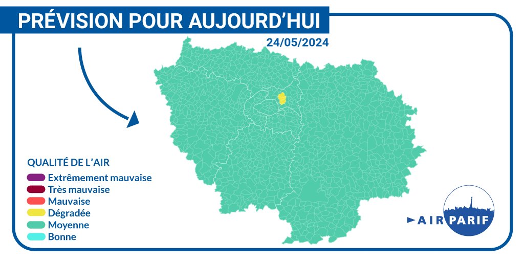 [#QualitéAir] Prévision pour le 24/05

Un temps pluvieux et un vent de secteur ouest limiteront l'accumulation des polluants atmosphériques. La qualité de l'air sera moyenne en Île-de-France, avec l'ozone comme polluant majoritaire.

➡️ bit.ly/PrévisionAir